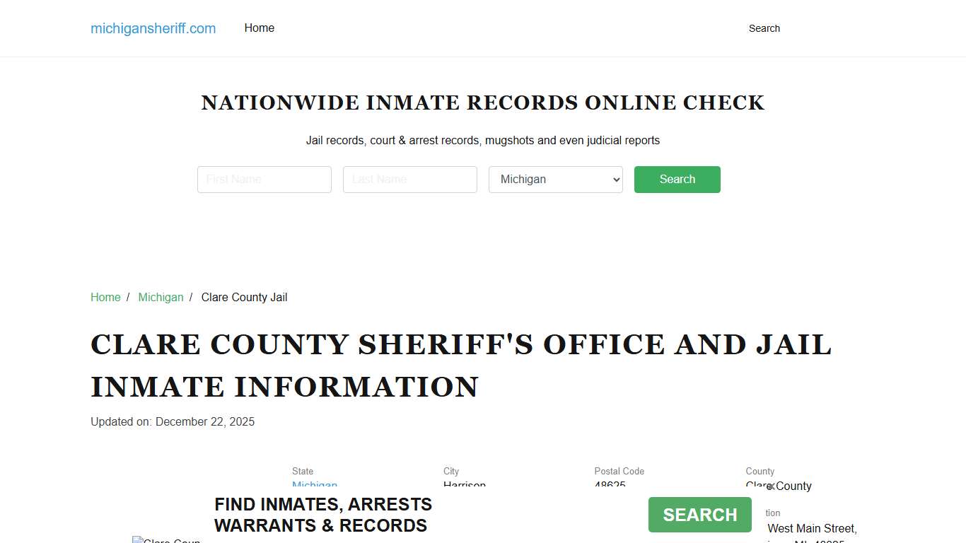 Clare County Sheriff, Michigan, Jail Inmate Search
